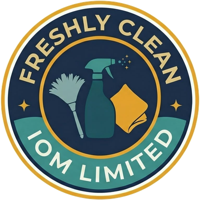 Freshly Clean IOM Limited logo: a navy and gold badge with a feather duster, spray bottle and cloth